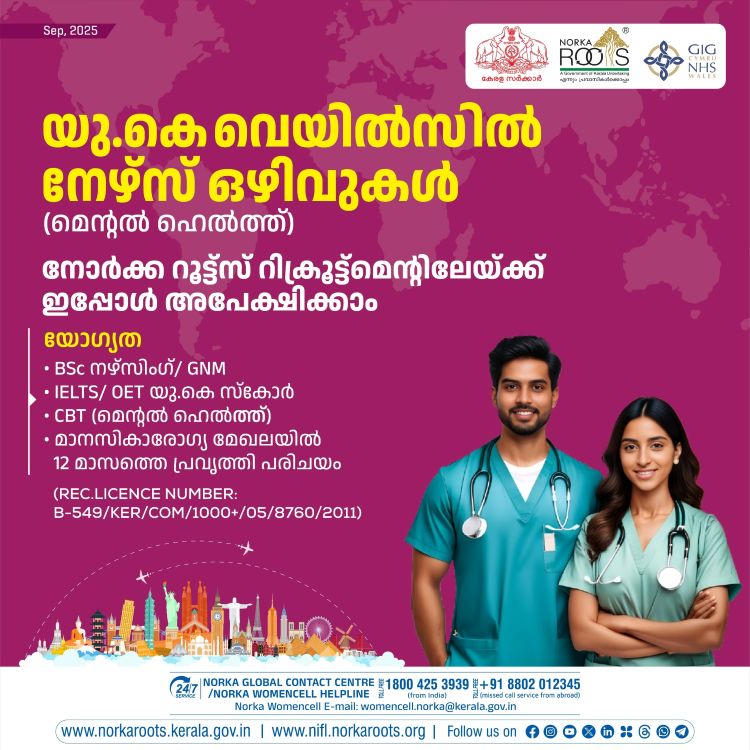യു.കെ വെയില്‍സില്‍ നഴ്‌സ് (മെന്റല്‍ ഹെല്‍ത്ത്) ഒഴിവുകള്‍,  ഇപ്പോള്‍ അപേക്ഷിക്കാം