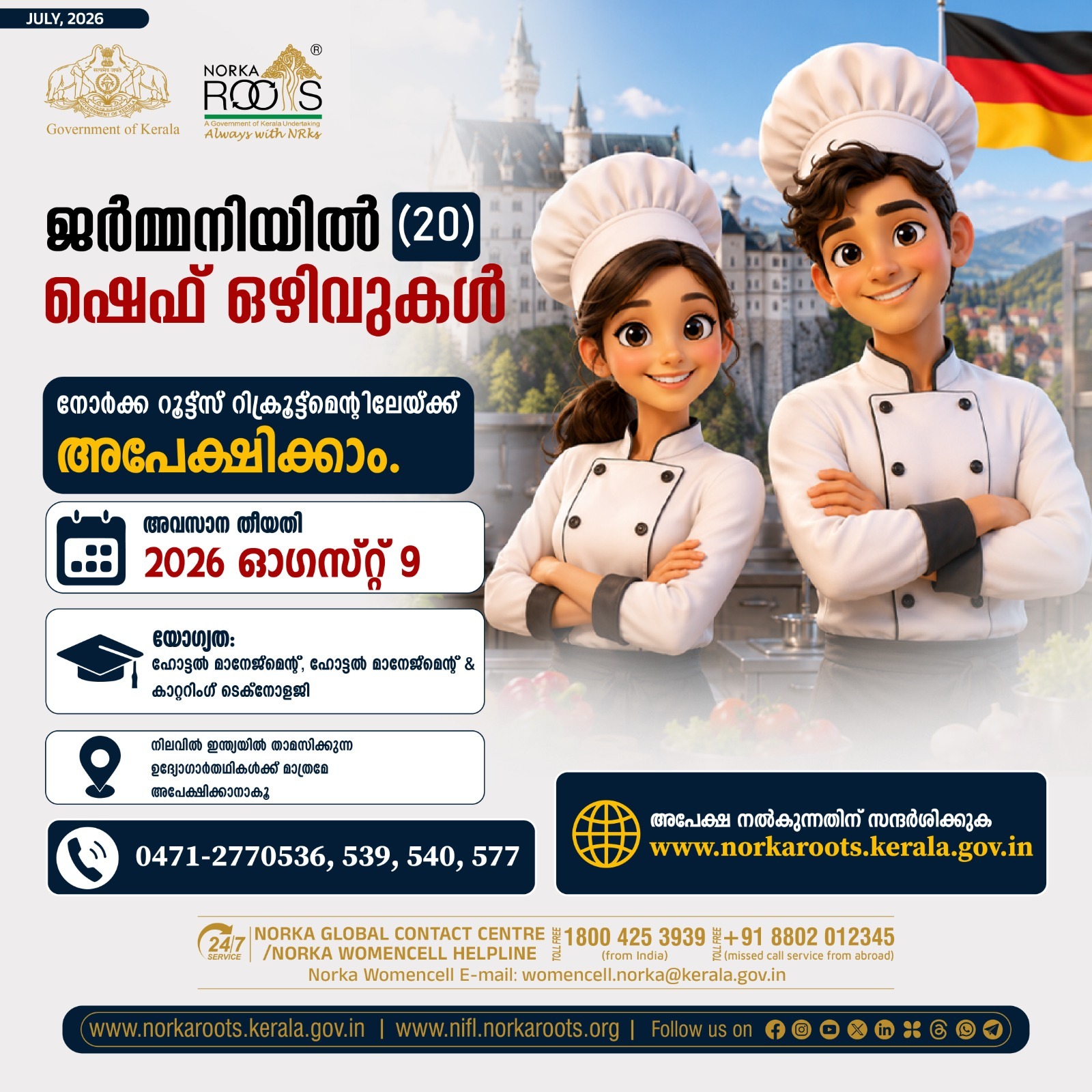 ജര്‍മ്മനിയില്‍ ഷെഫ് ഒഴിവുകള്‍ (20):  നോര്‍ക്ക റൂട്ട്സ് റിക്രൂട്ട്മെന്റിലേയ്ക്ക് ഓഗസ്റ്റ് 09 വരെ അപേക്ഷിക്കാം